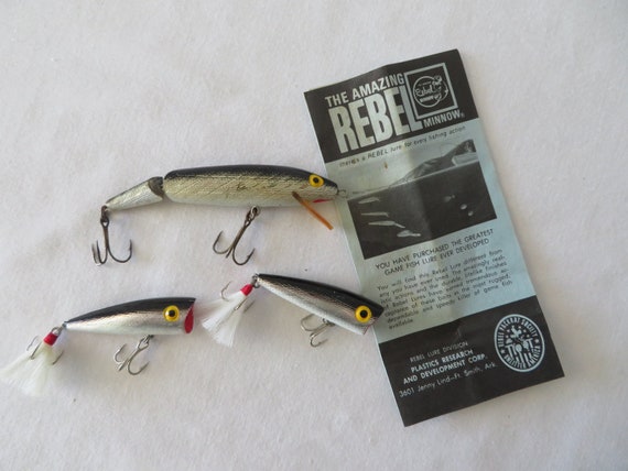 Three 3 Vintage Rebel Minnow Lures and the Amazing Rebel Minnow Leaflet 
