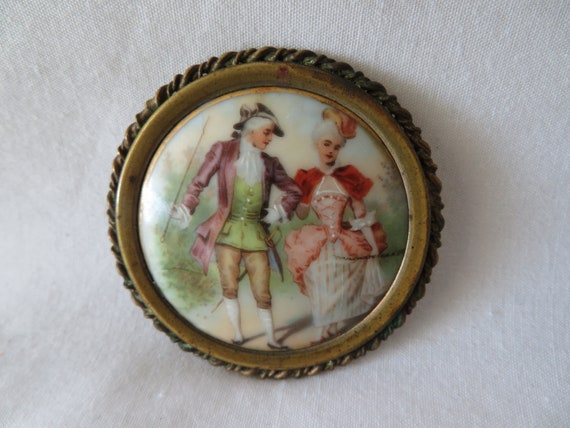 Porcelain Romantic Brooch -Antique Hand Painted - image 1