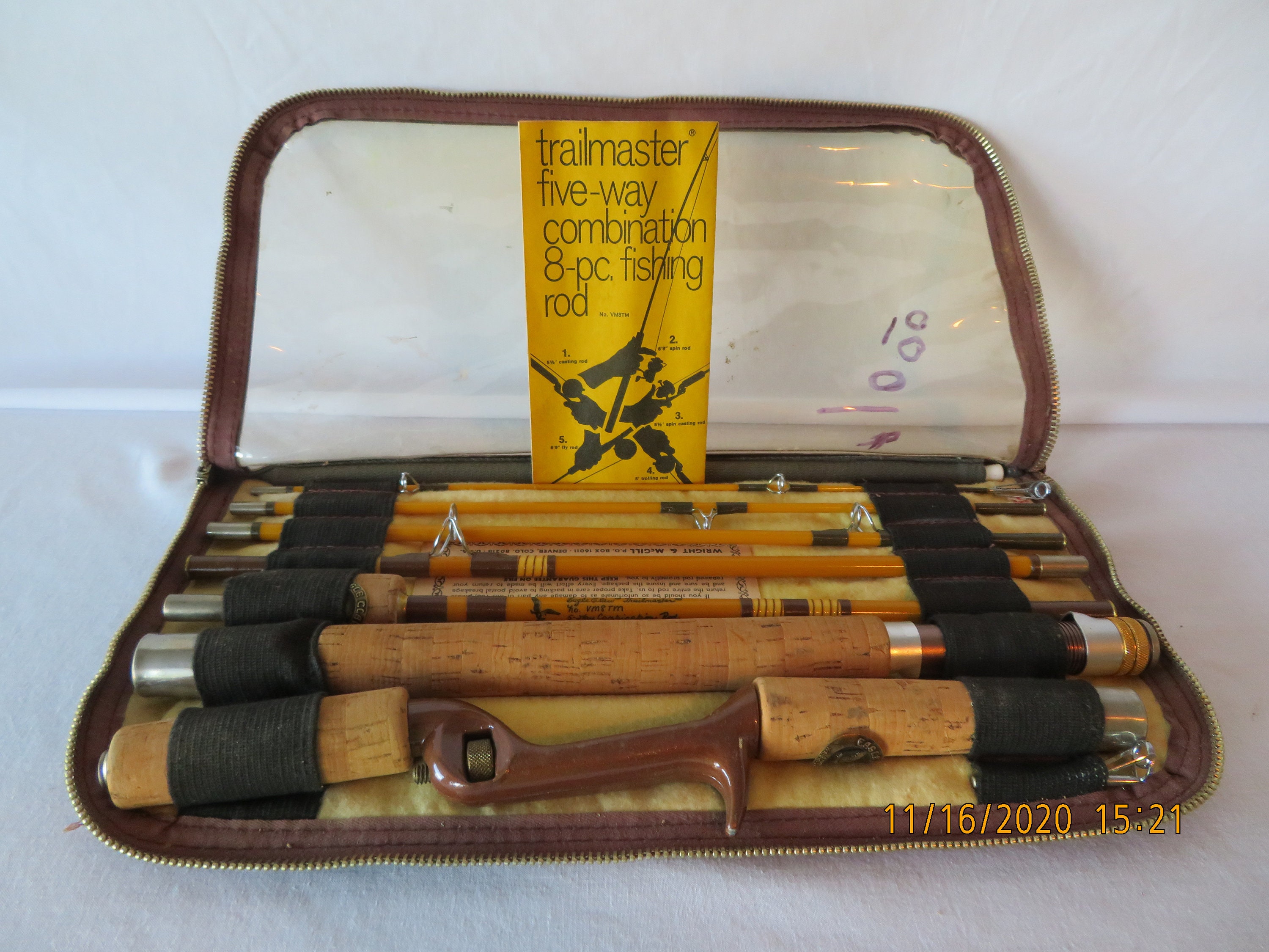 Vintage Eagle Claw Trailmaster five-way combination 8 piece fishing rod in  travel case.
