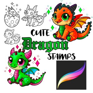 Könnte beinhalten: Süße Drachen-Stempel Digital-Clipart-Set mit vier verschiedenen Drachen-Illustrationen. Das Set enthält einen grünen Drachen, einen orangefarbenen Drachen, einen schwarz-weißen Drachen und einen Drachen in einem Ei. Der Text "Cute Dragon Stamps" ist in grünen und schwarzen Buchstaben geschrieben.