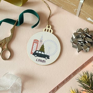 London Christmas ornament, Travel wooden tree decoration, Secret Santa gift for coworker, Stocking stuffer, Gift for mum image 1