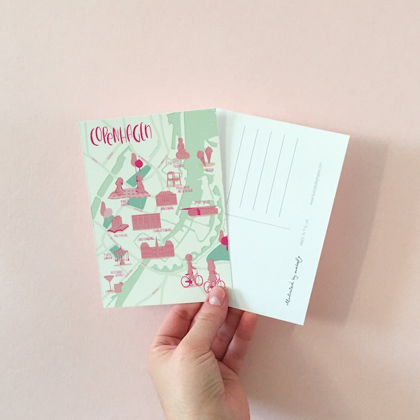 Plan de Copenhague, carte postale illustrée, carte postale de la ville | Décoration de réfrigérateur, décoration de bureau pour femme, décoration de bureau pour dortoir | Carte écologique