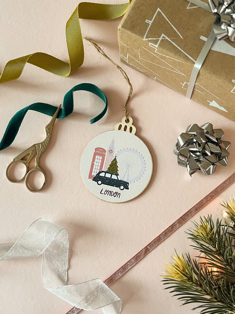 London Christmas ornament, Travel wooden tree decoration, Secret Santa gift for coworker, Stocking stuffer, Gift for mum image 1