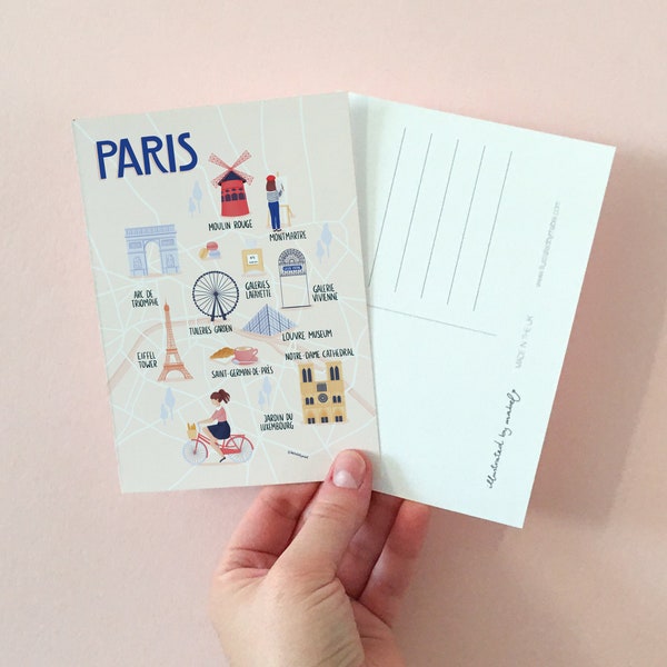 Map of Paris, Paris postcard, illustrated map of Paris | Fridge decoration, desk decor for women, dorm decor desk | Eco friendly card