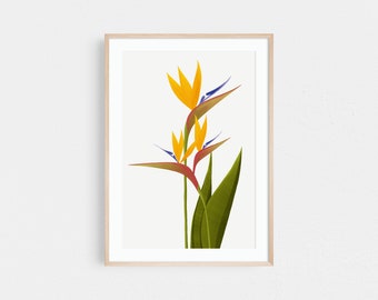 Impresión de aves del paraíso, impresión artística de Strelitzia, póster de flores tropicales, arte mural mediterráneo, arte mural tropical, decoración de casa de playa