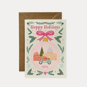 Tarjeta navideña de viaje con adornos romanos, tarjeta navideña para viajeros, tarjeta festiva de viaje, tarjeta de felicitación, tarjeta de felices fiestas, tarjeta de Navidad