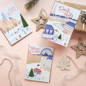 Travel Christmas card pack, Pack of 3 assorted cards, Holiday card set for traveler, Travel Christmas card set, plastic free card