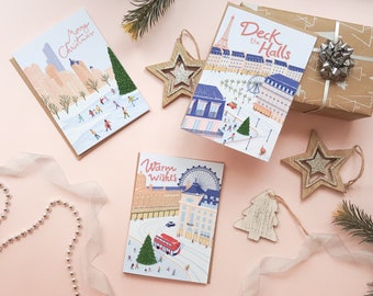 Travel Christmas card pack, Pack of 3 assorted cards, Holiday card set for traveler, Travel Christmas card set, plastic free card