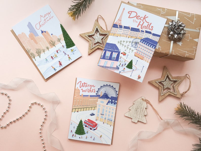 Travel Christmas card pack, Pack of 3 assorted cards, Holiday card set for traveler, Travel Christmas card set, plastic free card