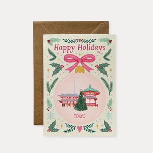 Tarjeta navideña de viaje con adornos de Tokio, tarjeta navideña para viajeros, tarjeta festiva de viaje, tarjeta de felicitación, tarjeta de felices fiestas, tarjeta de Navidad