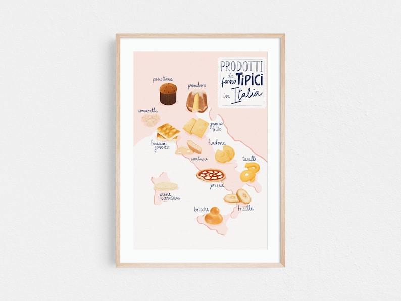 Italy food map print, food illustration print, Italy map print, kitchen wall art.
