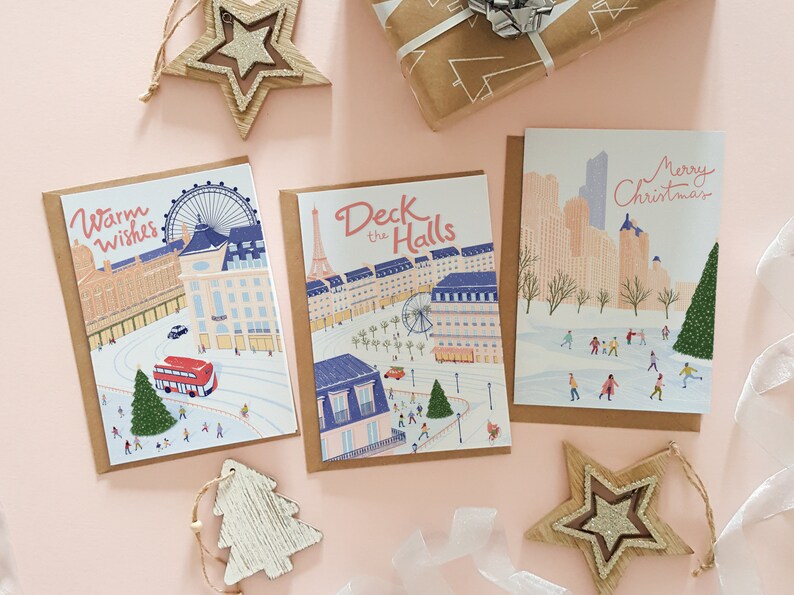 Travel Christmas card pack, Pack of 3 assorted cards, Holiday card set for traveler, Travel Christmas card set, plastic free card