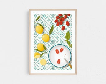 Lemon print, Tomato poster, Moroccan tile print, Mediterranean print, Food illustration print, Dining room wall art, Kitchen wall art