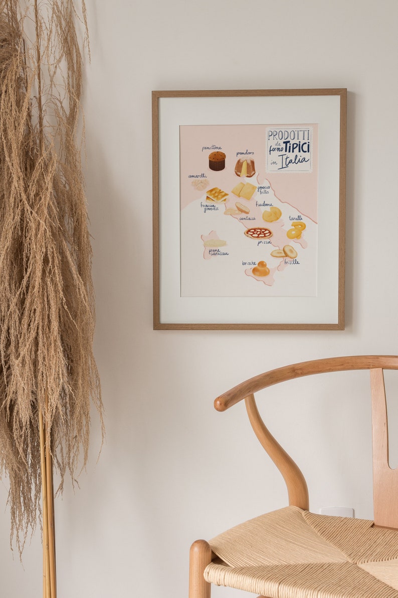 Italy food map print, food illustration print, Italy map print, kitchen wall art.