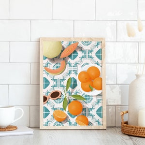 Melon and oranges print, Moroccan tile print, Mediterranean print, Food illustration print, Dining room wall art, Kitchen wall art.