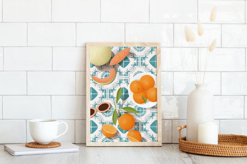 Melon and oranges print, Moroccan tile print, Mediterranean print, Food illustration print, Dining room wall art, Kitchen wall art.