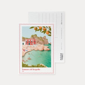 Postal de Sicilia, recuerdo de viaje de Tonnara di Scopello, postal ilustrada de viaje a Italia, revelación de viaje sorpresa, regalo de viaje, tarjeta de aniversario