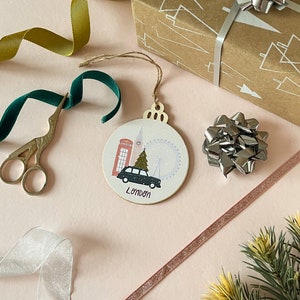 London Christmas ornament, Travel wooden tree decoration, Secret Santa gift for coworker, Stocking stuffer, Gift for mum