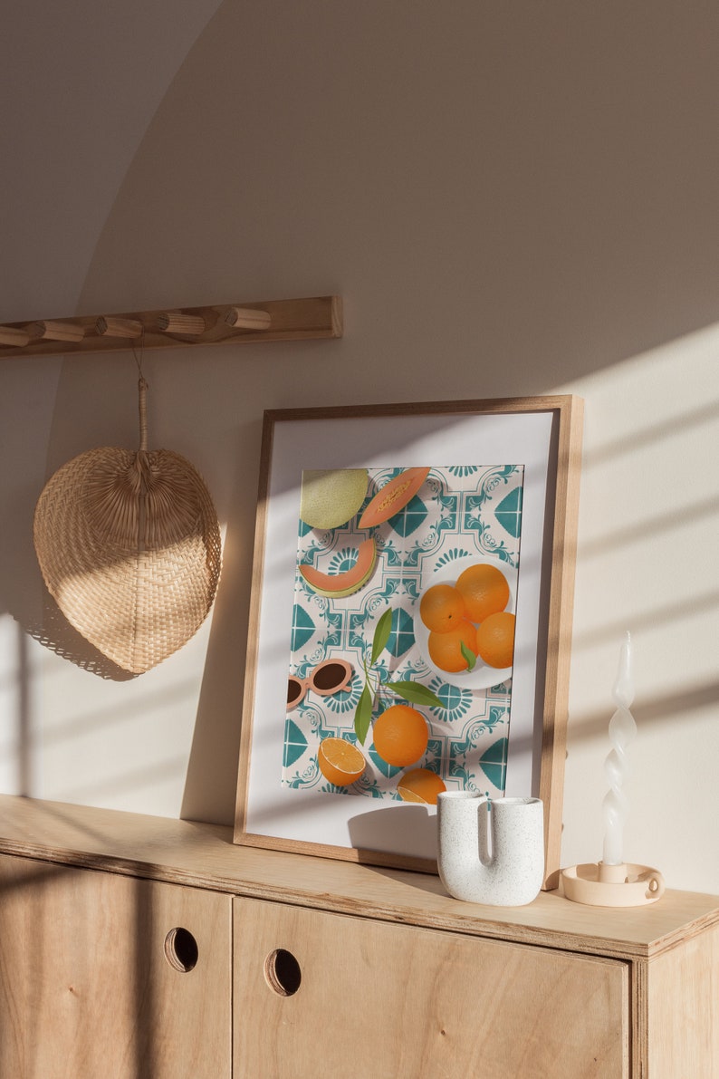 Melon and oranges print, Moroccan tile print, Mediterranean print, Food illustration print, Dining room wall art, Kitchen wall art.