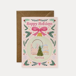 Tarjeta navideña de viaje con adornos de Montreal, tarjeta navideña para viajeros, tarjeta festiva de viaje, tarjeta de felicitación, tarjeta de felices fiestas, tarjeta de Navidad