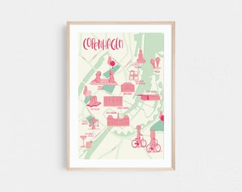 Copenhagen map illustration print | Living room and office wall art, dorm decor | City print | Map print with eco friendly packaging