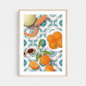 Melon and oranges print, Moroccan tile print, Mediterranean print, Food illustration print, Dining room wall art, Kitchen wall art.