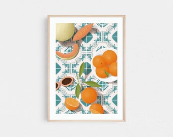 Melon and oranges print, Moroccan tile print, Mediterranean print, Food illustration print, Dining room wall art, Kitchen wall art