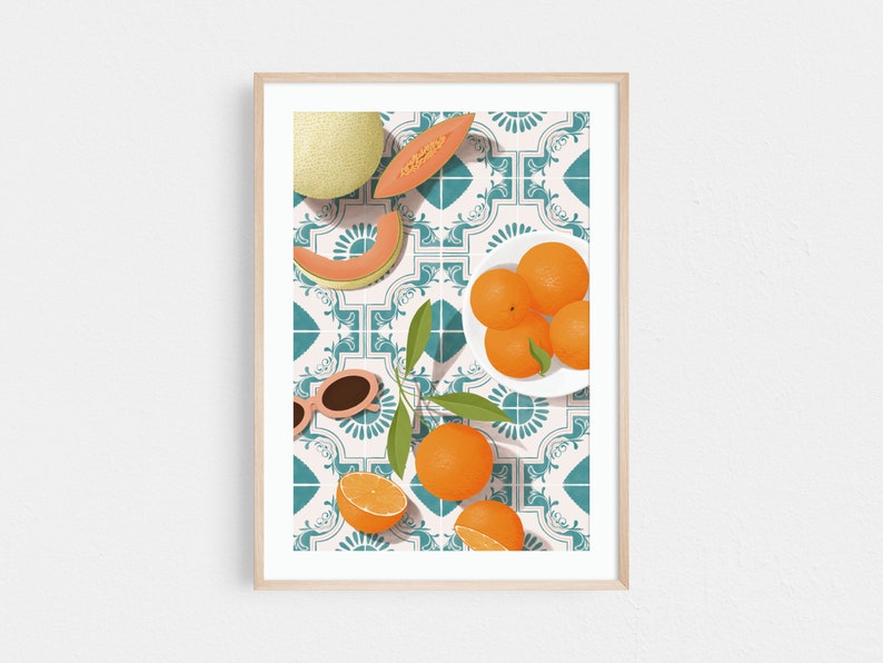 Melon and oranges print, Moroccan tile print, Mediterranean print, Food illustration print, Dining room wall art, Kitchen wall art.