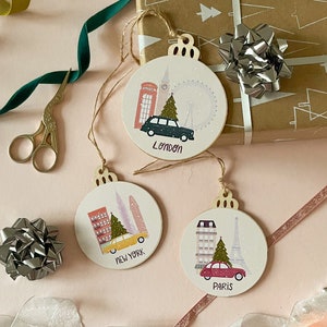 London Christmas ornament, Travel wooden tree decoration, Secret Santa gift for coworker, Stocking stuffer, Gift for mum
