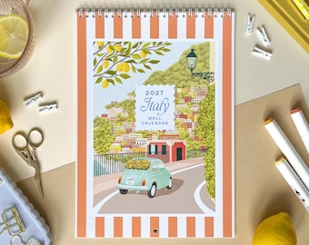 2027 Italy calendar, Travel wall calendar reusable, Illustrated calendar, Cell wall calendar, Fridge calendar monthly, Frameable calendar