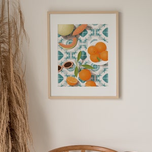 Melon and oranges print, Moroccan tile print, Mediterranean print, Food illustration print, Dining room wall art, Kitchen wall art.