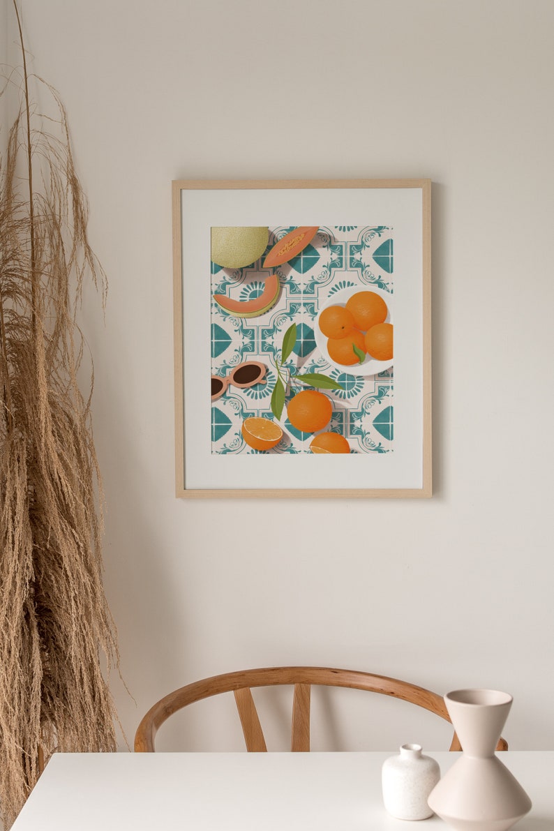 Melon and oranges print, Moroccan tile print, Mediterranean print, Food illustration print, Dining room wall art, Kitchen wall art.