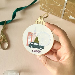 London Christmas ornament, Travel wooden tree decoration, Secret Santa gift for coworker, Stocking stuffer, Gift for mum