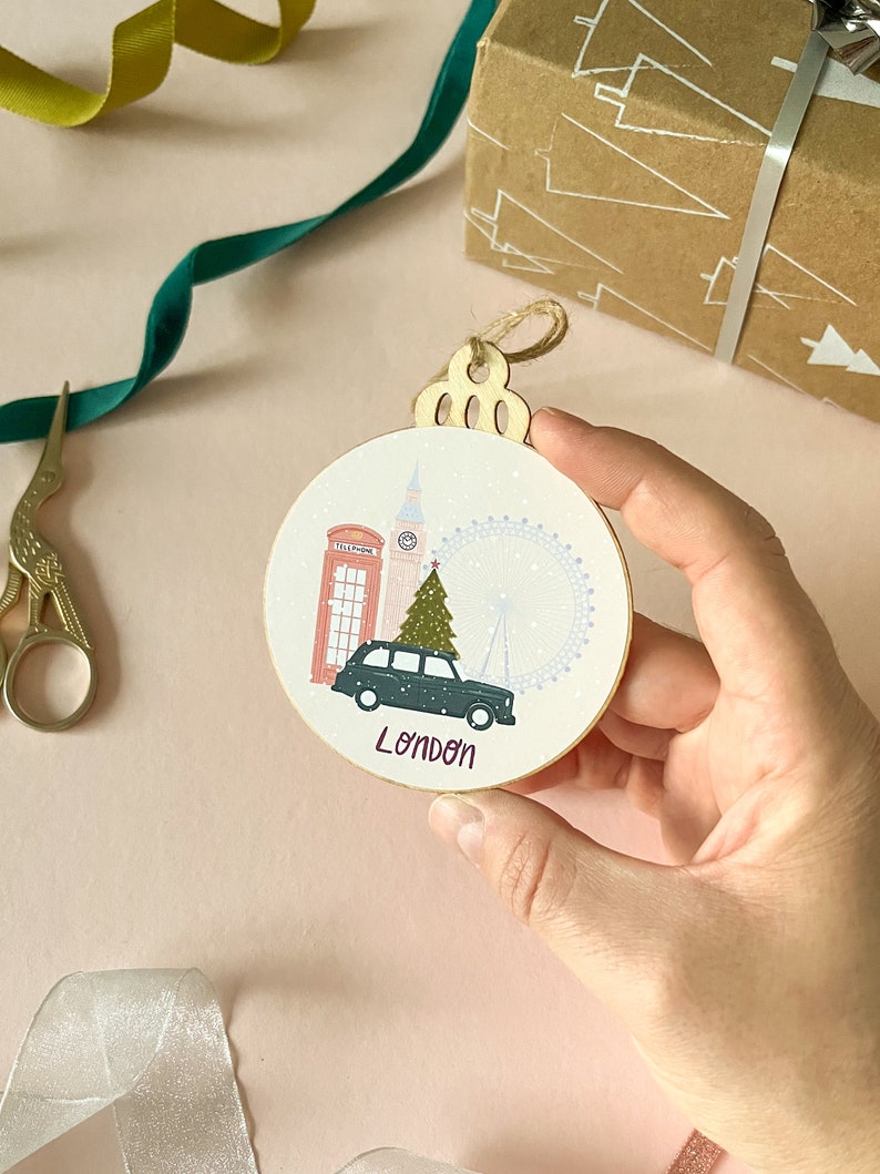 London Christmas ornament, Travel wooden tree decoration, Secret Santa gift for coworker, Stocking stuffer, Gift for mum