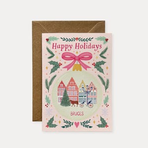 Tarjeta navideña de viaje con adornos de Brujas, tarjeta navideña para viajeros, tarjeta festiva de viaje, tarjeta de felicitación, tarjeta de felices fiestas, tarjeta de Navidad