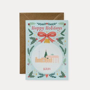 Tarjeta navideña de viaje con adornos de Berlín, tarjeta navideña para viajeros, tarjeta festiva de viaje, tarjeta de felicitación, tarjeta de felices fiestas, tarjeta de Navidad
