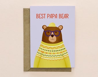 Papa bear card, Dad birthday card, Cute fathers day card from wife, from daughter or from son | Plastic free card, blank card