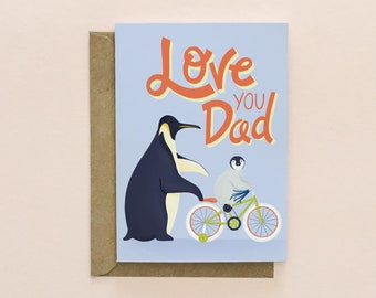 Penguin Dad card, Love you Dad birthday card, Cute and funny fathers day card from wife, from daughter or from son | Plastic free card