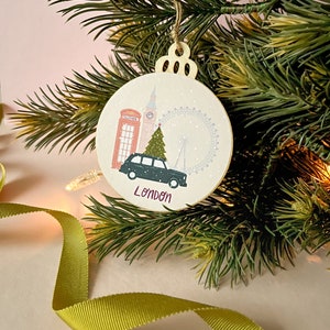 London Christmas ornament, Travel wooden tree decoration, Secret Santa gift for coworker, Stocking stuffer, Gift for mum