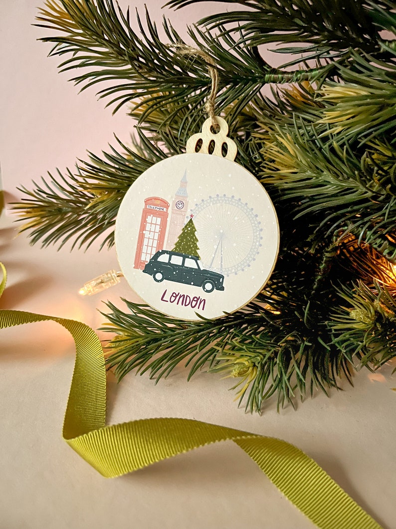 London Christmas ornament, Travel wooden tree decoration, Secret Santa gift for coworker, Stocking stuffer, Gift for mum