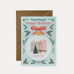 Tarjeta navideña de viaje con adornos de Ámsterdam, tarjeta navideña para viajeros, tarjeta festiva de viaje, tarjeta de felicitación, tarjeta de felices fiestas, tarjeta de Navidad