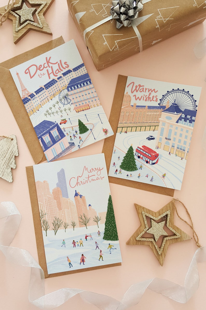 Travel Christmas card pack, Pack of 3 assorted cards, Holiday card set for traveler, Travel Christmas card set, plastic free card