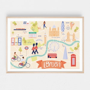 Stadtplan von London, illustrierte Karte von London, Stadtplan von London, Stadtplan von London, Wandkunst für Kinderzimmer, Wohnzimmer und Büro