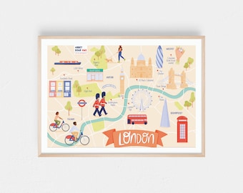 London map print, Illustrated map of London travel print, City of London travel map illustration, Nursery, Living room and office wall art