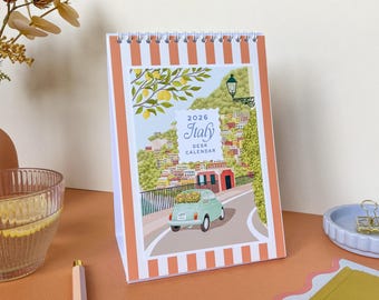 2026 flip desk calendar, Italy calendar, Travel desk calendar, Standing calendar, Illustrated monthly calendar, Frameable calendar