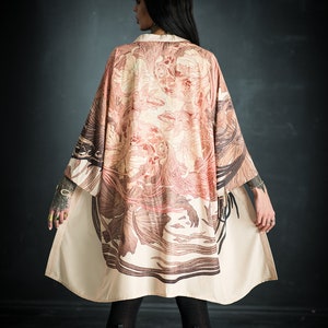Malekin ŌKAMI LIGHT LONG Unisex Wolf Art Printed Kimono Robe | Gender neutral kaftan | One size beach robe | Versatile lightweight caftan
