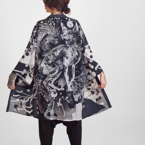 Long Unisex Kimono Neko Mono Sphynx Cat Print Robe Caftan One Size Silky Cover Up Black And White Lounge Wear Festival Fashion Malekin