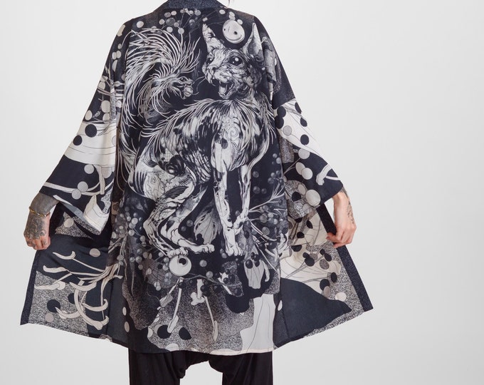 Featured listing image: Long Unisex Kimono Neko Mono Sphynx Cat Print Robe Caftan One Size Silky Cover Up Black And White Lounge Wear Festival Fashion Malekin