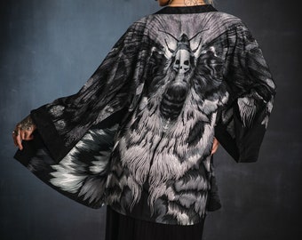 Malekin SHINOGA MONO SHORT Unisex Death's Head Hawk Moth Art Printed Kimono Robe | Gender neutral kaftan | One size beach robe | Skull moth