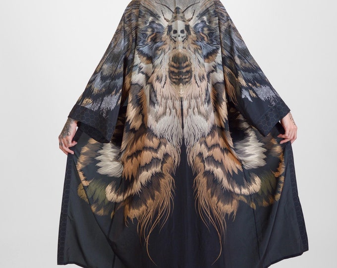 Featured listing image: Malekin SHINOGA LIGHT EXTRALONG Unisex Death Moth Art Printed Kimono Robe | Gender neutral kaftan | One size beach robe